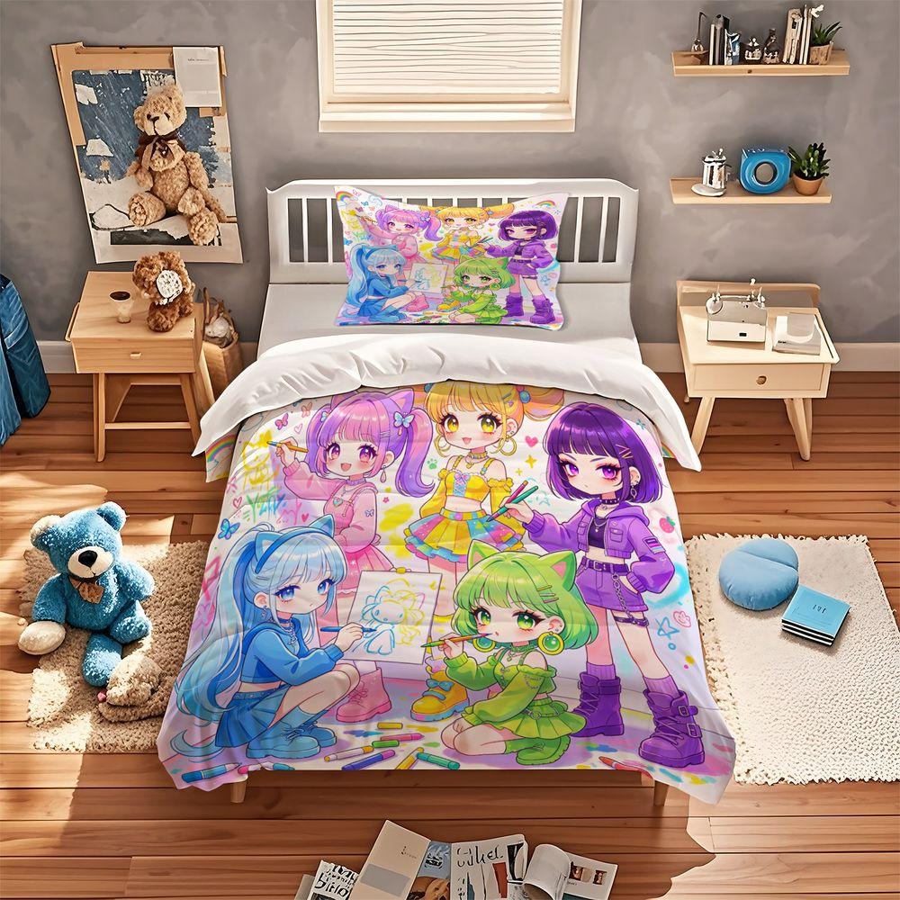 Anime Girls Bedroom Duvet Cover Set Digital Print Bedding Set Cute Cartoon Cat Ears Rainbow Stars Comforter Cover for Teens