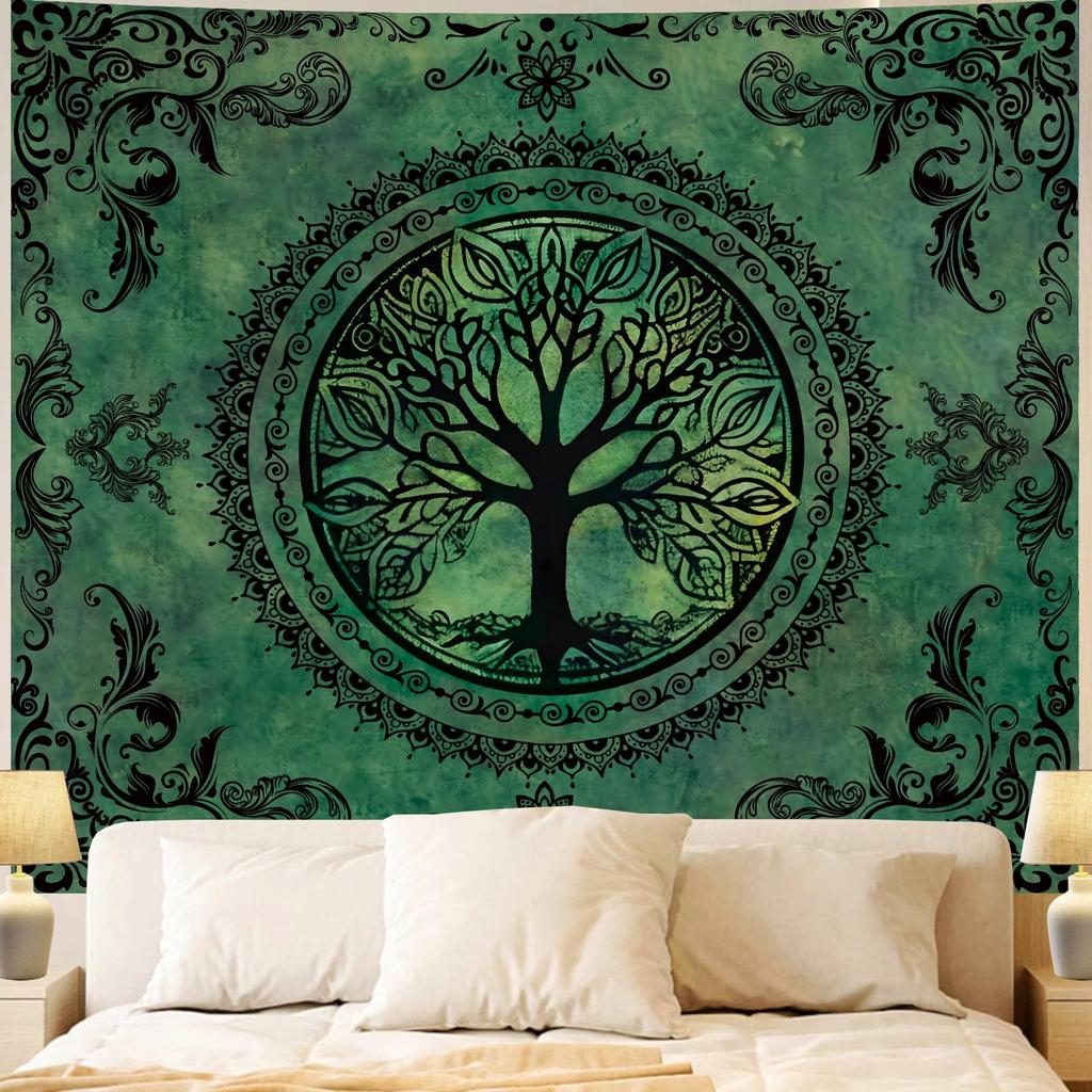 VIKAMA Green Nature Tree of Life Tapestry Boho Hippie Mandala Y2K Wall Hanging Aesthetic CeilingBackdrop Decor for Bedroom