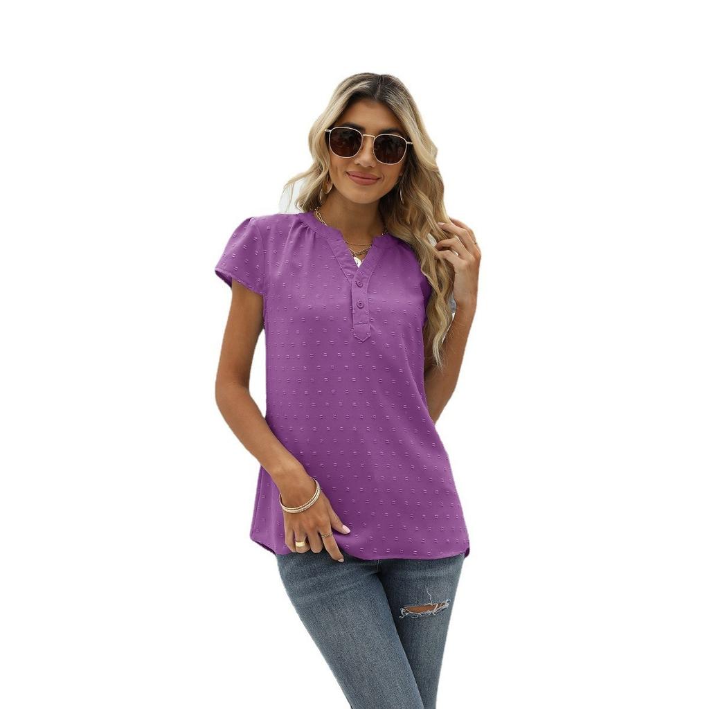 Summer Women's Solid Textured Chiffon Blouse, Loose V-Neck Pullover Short Sleeve Top, European & American Style Casual Top