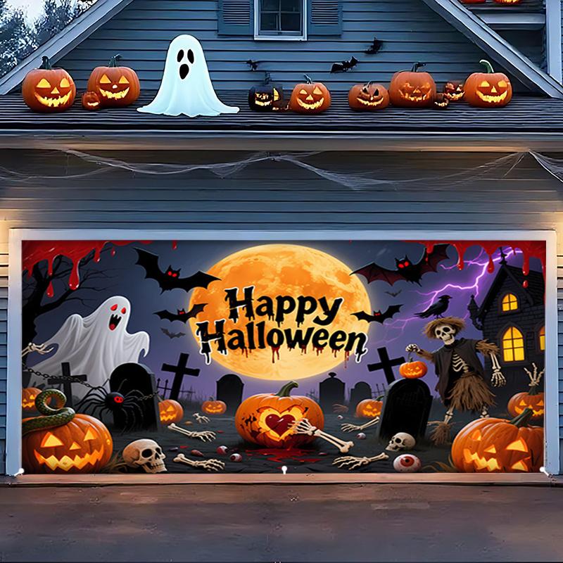 1 2D Flat Halloween Polyester Background Cloth - Ghost Bat Pumpkin Lantern Design - Indoor and Outdoor Decoration