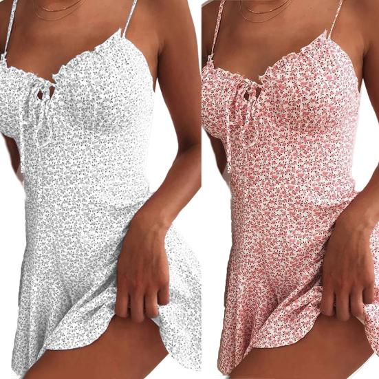 Dámské Sexy Špagetová Ramínka Hrudní Obvaz Květinový Potisk Široký Spodní Lem Štíhlé Mini Šaty