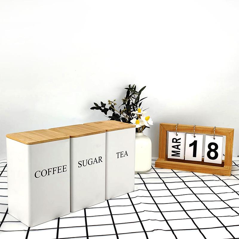 Bamboo Lid Square Metal Storage Tin for Coffee, Sugar, Tea - European American Style