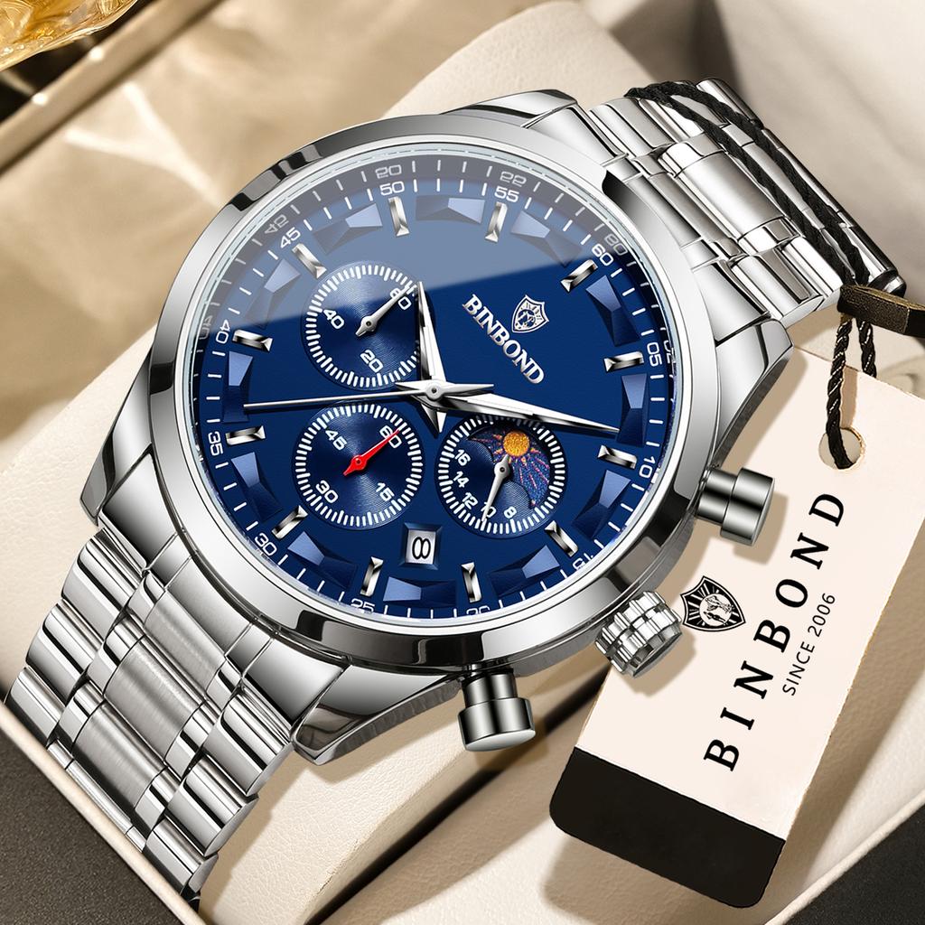 BINBOND Waterproof Chronograph Men's Watch Fashion Reloj Luxury Sports Precise Quartz Wristwatch For Men Durable Luminous