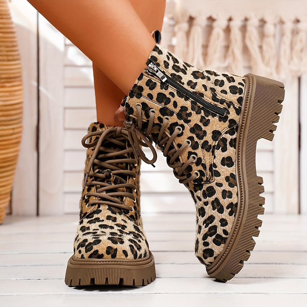 Women's Leopard Print Boots  Side Zip Comfortable Thick Bottom Flat Boots  Winter Round Toe Short Boots