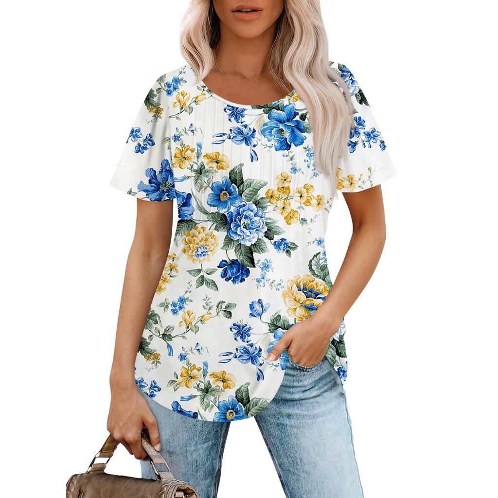 Women's Summer Fashion Casual Pleated Round Neck Print Short Sleeve T-Shirt Top