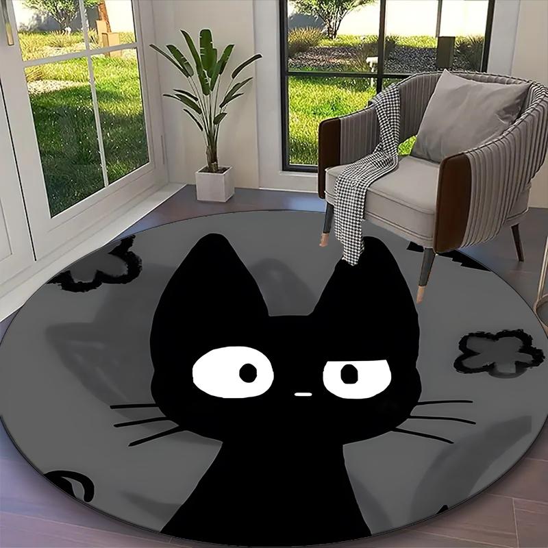 Black Cat Rug Ideal for Reading Room, Multi-purpose Office Chair Sofa Carpet, Anti-slip Printed Home Round Rug