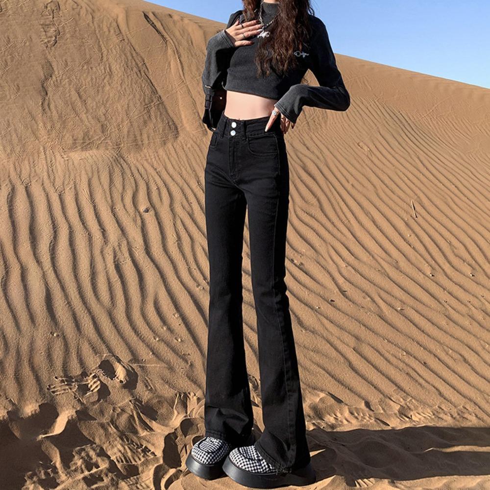

Korean version of personalized micro-pull double-button jeans for women s spring and autumn new style high-waisted thin flared jeans tide XL