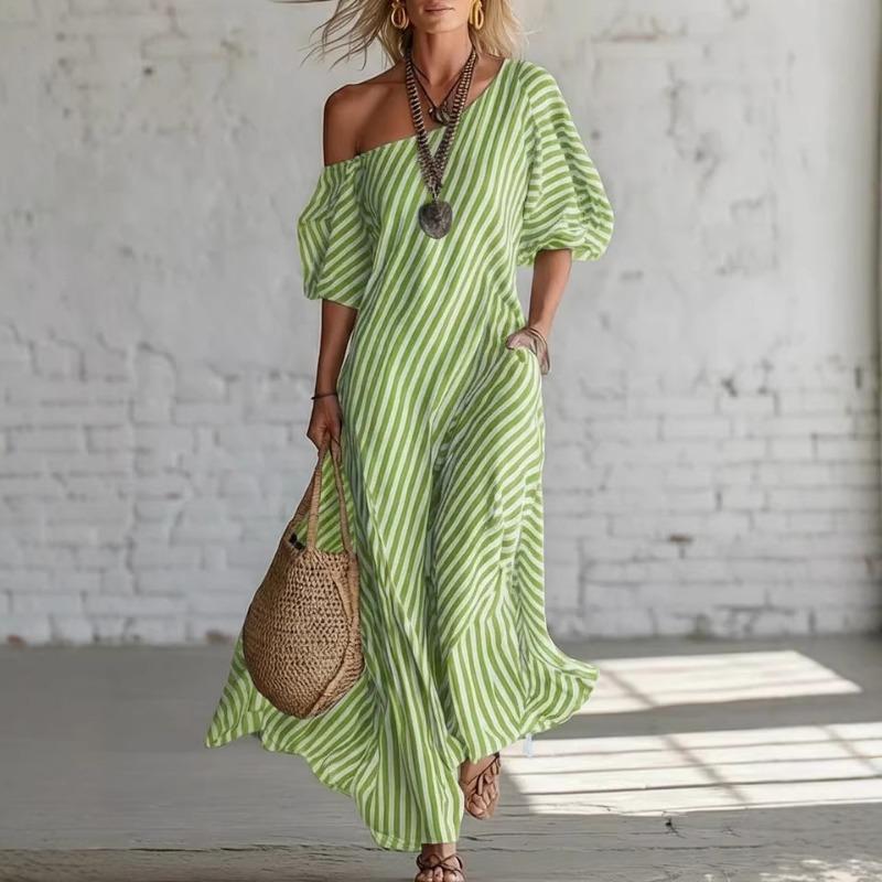 Sommer Neu Damen Elegant Gestreift Mode Vielseitig Lässig Schulterfreies Kleid