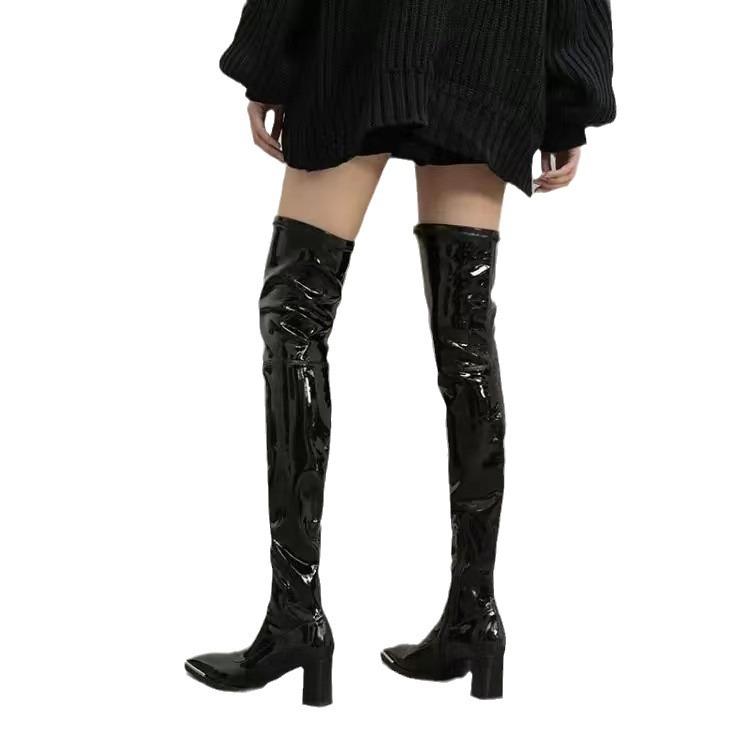 Patent leather square head boots women's 2024 new thick heel thick sole fashion temperament big leg boots knight boots tide