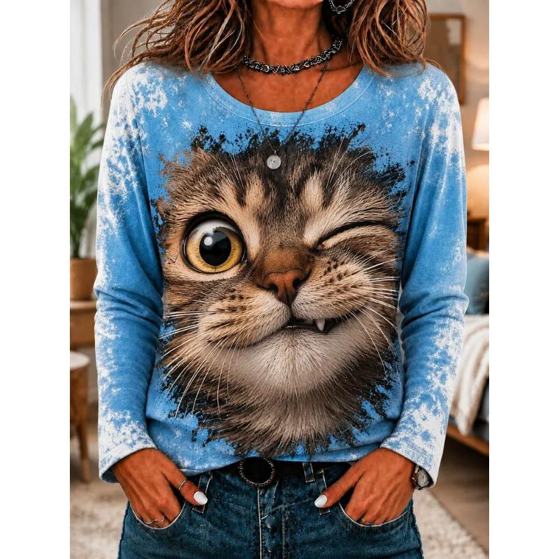 Fashion Women's Crew Neck Long Sleeve 3D Casual Color Printing Casual Long Sleeve Crew Neck T-Shirt