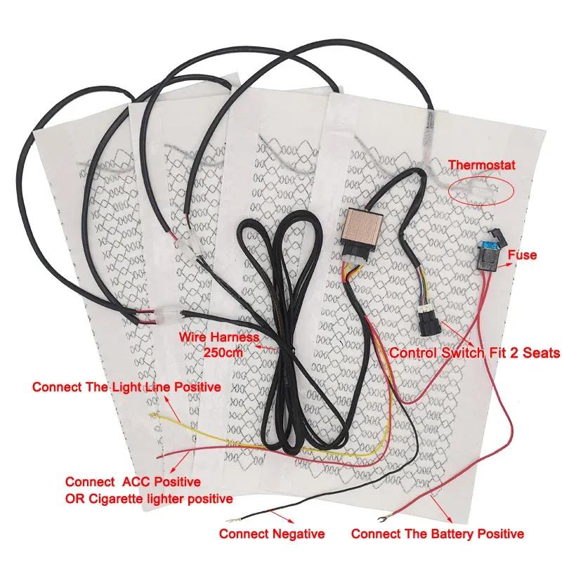 Universal 12V Carbon Fiber Car Seat Heater Heat Pads Set 3 Levels Round Dual Control Switch With Harness Kit Winter Warmer Cover