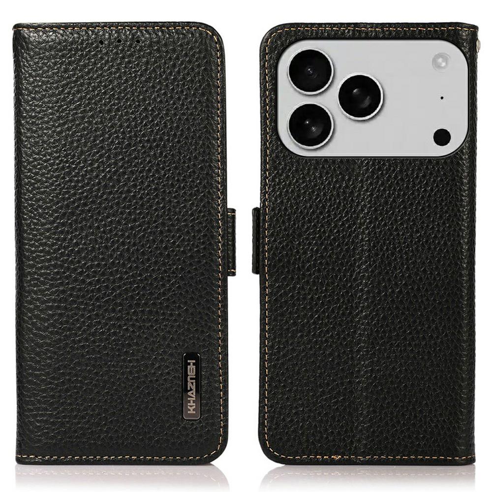 KHAZNEH for iPhone 17 Pro Max Phone Case RFID Blocking Wallet Litchi Texture Genuine Cow Leather Cover