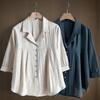 New Arrivals Open Run Women Loose Fit Linen 3 4 Sleeve Shirring Blouse Round Bot
