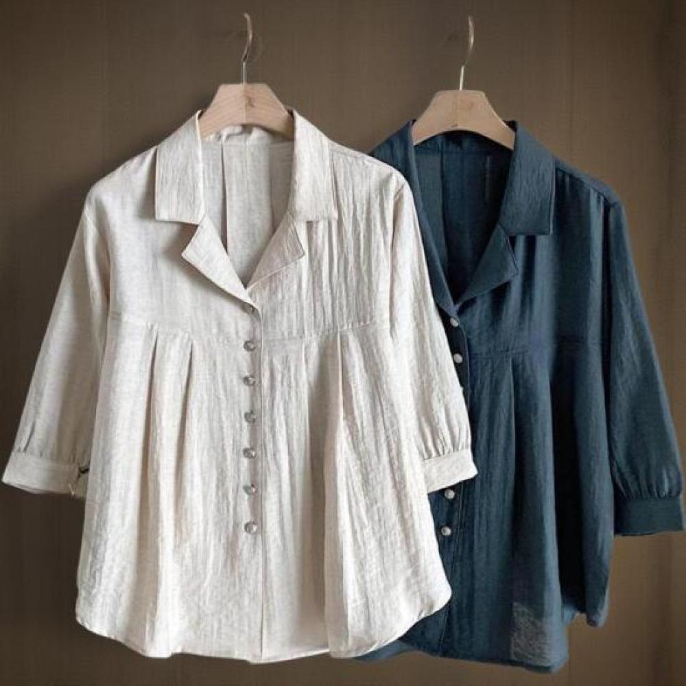 New Arrivals Open Run Women Loose Fit Linen 3 4 Sleeve Shirring Blouse Round Bot