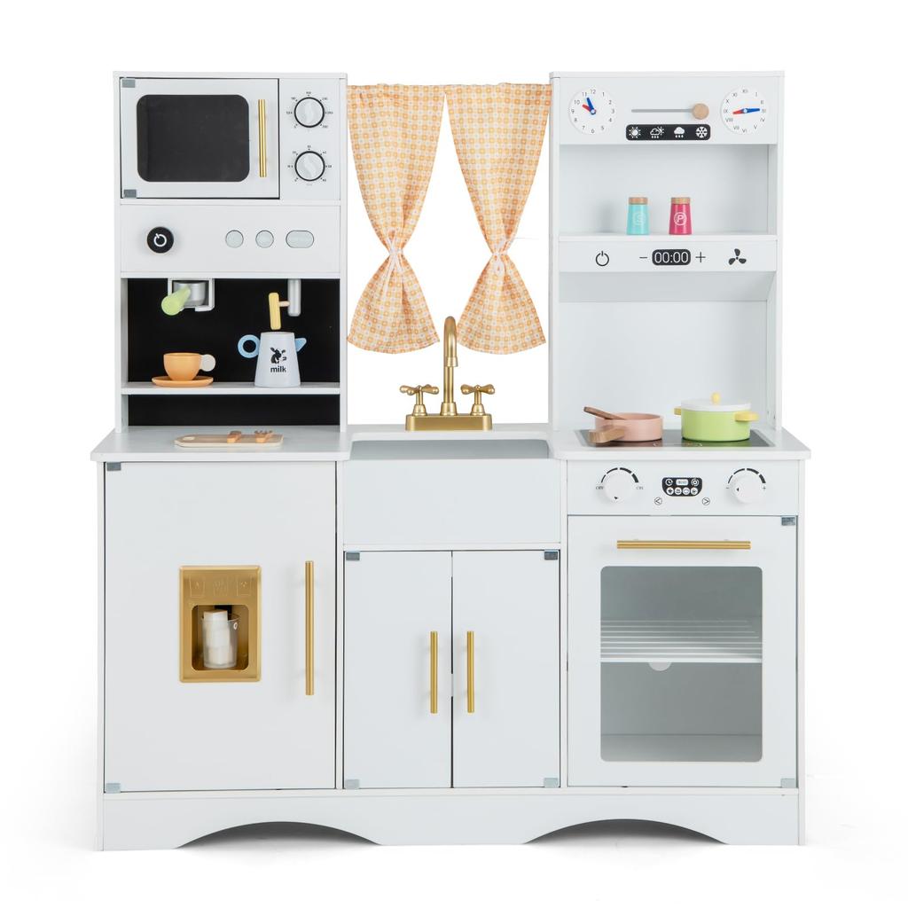 Giantex Pretend Play Kitchen with Cooking Utensils, Corner Kitchen Playset, Realistic Sound and Light Effects, Cuttable Food, Microwave, Stove, Mini