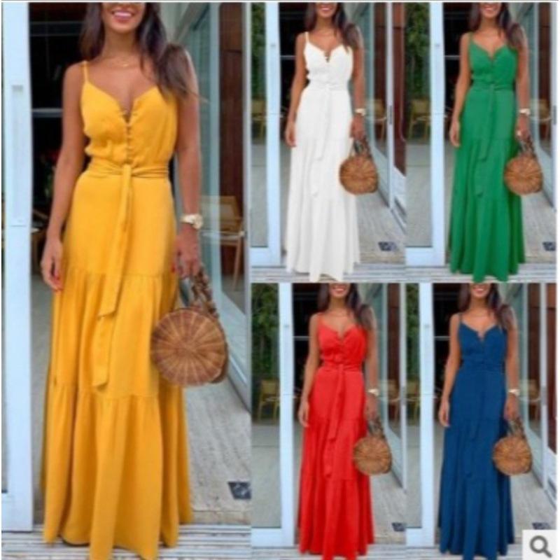 Button Tie Spaghetti Strap Beach Long Dress Comfortable Lightweight Breathable High Recognition Elegant Slimming Flattering Fit Vacation Style