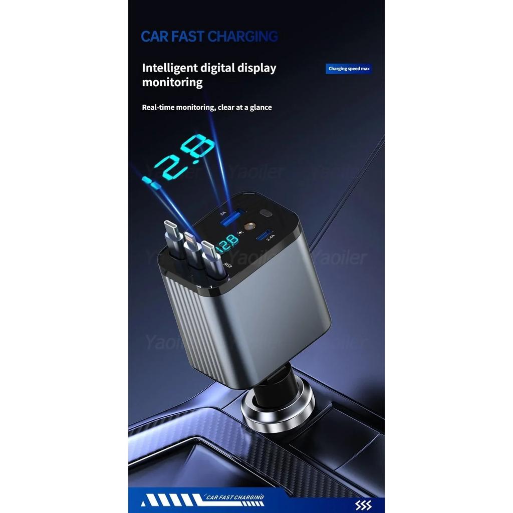 120W Retractable Car Charger Adapter, 5-in-1 Fast Charging USB C Starry Sky Phone Charger with 3 Retractable Cables,for IPhone