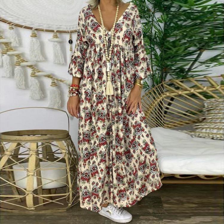 Floral Print Maxi Dress for Women Plus Size Long Sleeve V Neck Loose Fit