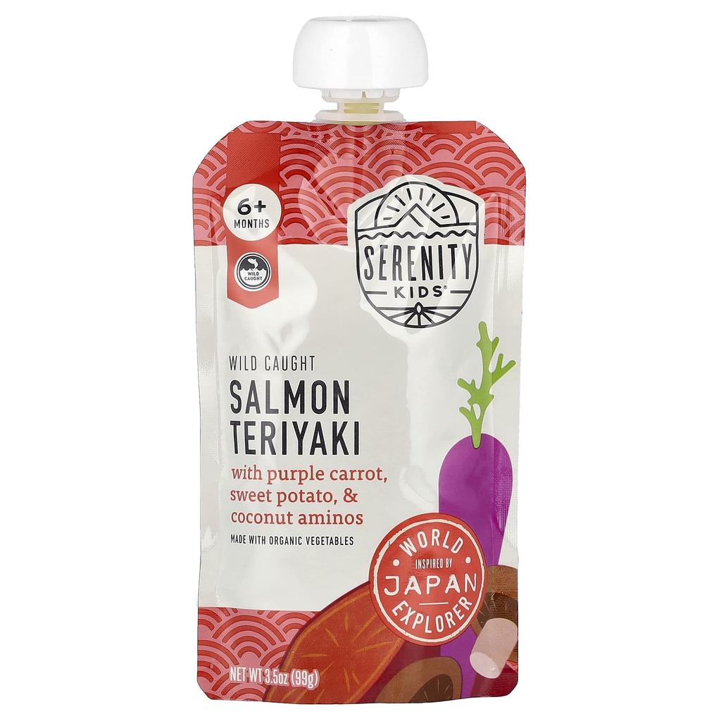 Serenity Kids, Contains Natural Salmon Teriyaki, Sweet Potato, Purple Carrot, and Coconut Amino, 6 months and up, 6 pouches, 99g (3.5oz) each
