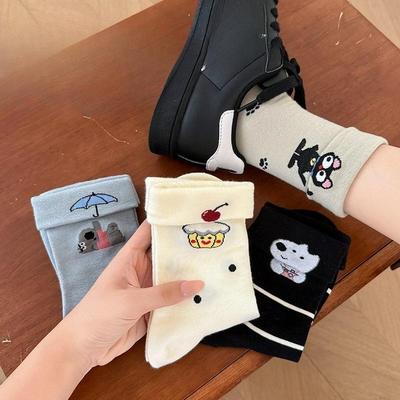 Autumn Cute Cartoon Pattern Socks, Flanged Mid-calf Socks, School-style Versatile Cotton Socks