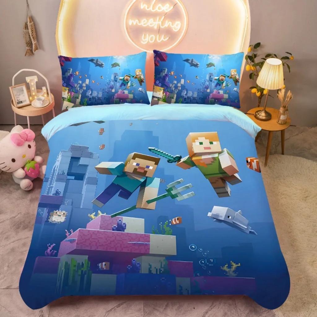 3D Cartoon Minecraft Duvet Cover for kids,Game Simulated World Bedding Set,Duvet Cover Pillowcases with Zipper Youth Kids Gift