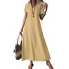 Women's Fashion V-Neck Short Sleeve Solid Color Zipper Casual Vacation Long Dress Cotton Linen Dresses