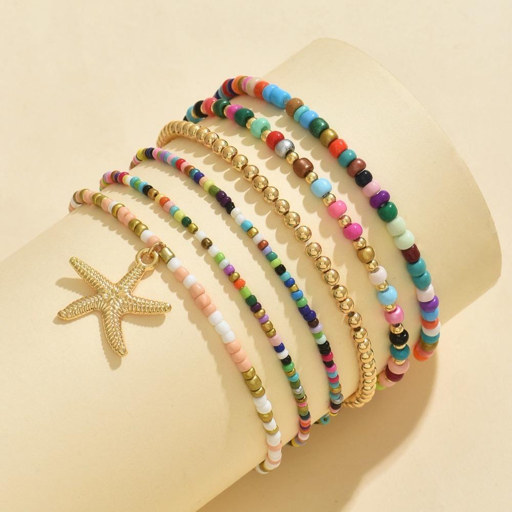 6 Stück mehrschichtige Urlaubs-Seestern-Mehrschicht-Fußkettchen Dehnbares Fußkettchen-Set Modischer Strand-Schmuck