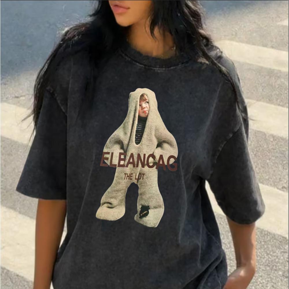 Washed Black Funny Kid Meme Graphic T-Shirt Retro Children Portrait Print Crew Neck Top for Men Women