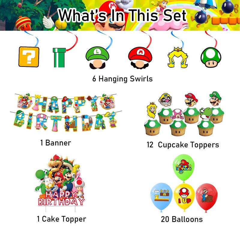 Mario Theme Party Decorations Set Flags, Cake Toppers, Balloons, And Spirals For An Amazing Party Atmosphere!