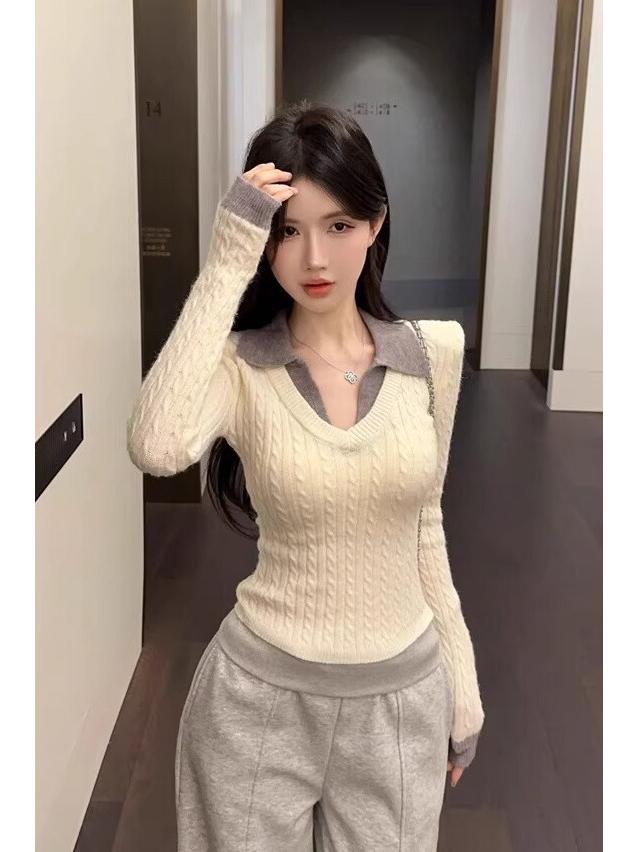Hong Kong Style Women's V-Neck Polo Collar Knit Sweater - Autumn/Winter Fashion Trend