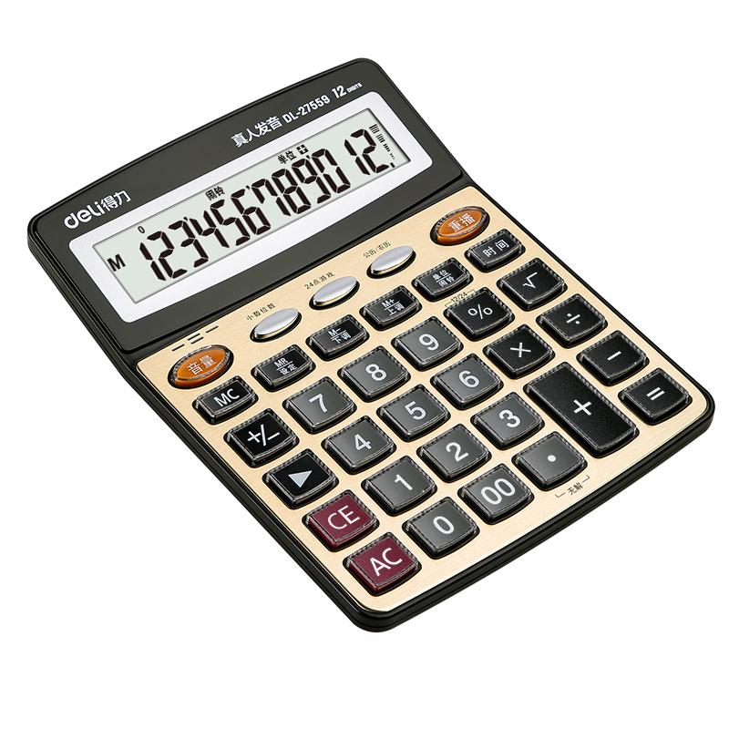 Deli Large 12-Digit Voice Calculator with Gold Metal Panel