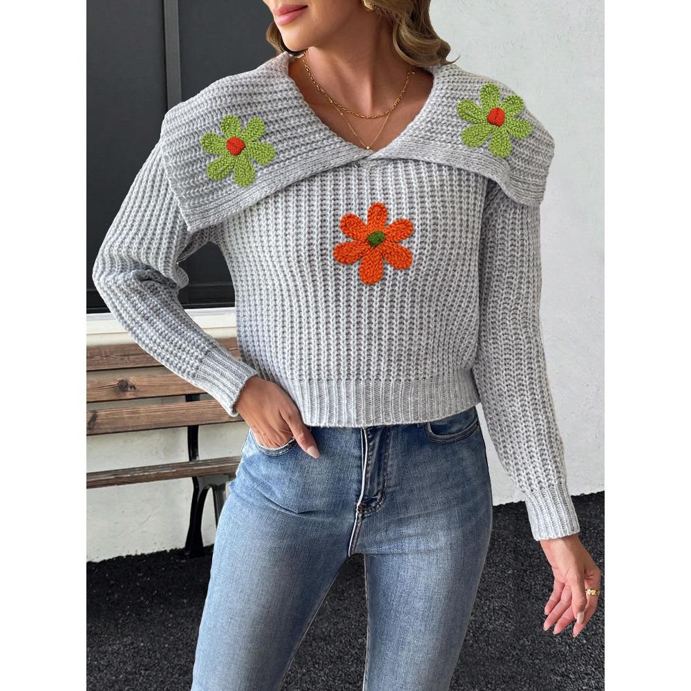 Women’s Cropped Top, Woven Knit, Large Lapel, Embroidered Floral Patchwork Pullover