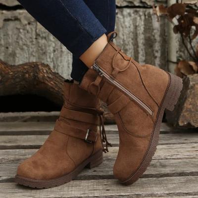 Bottine Femme Automne Nouveau Rétro Daim Talon Haut Botte Chunky Grande Taille Décontracté Chaussure Femme Boucle Fermeture Éclair Botte Courte 36-43