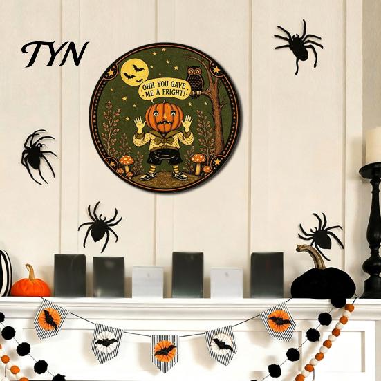 Halloween Home Decoration Retro Wall Sign, Round Metal Decorative Vintage Style Plaque Rustic Art Decor for Living Room Party Signs