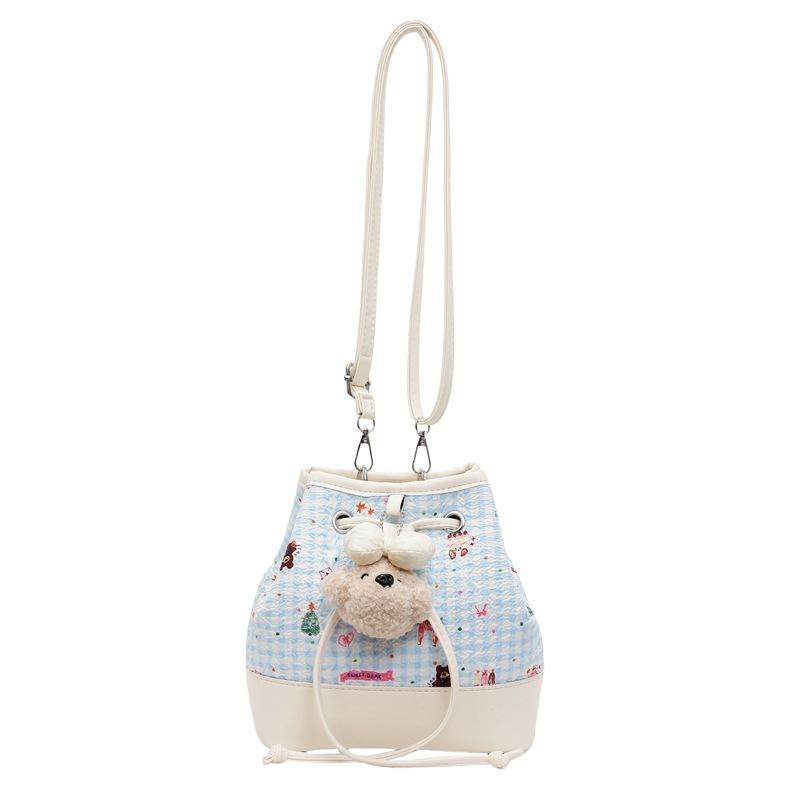 Delicate cartoon bear print drawstring women's bucket bag new cute versatile women's shoulder messenger bag