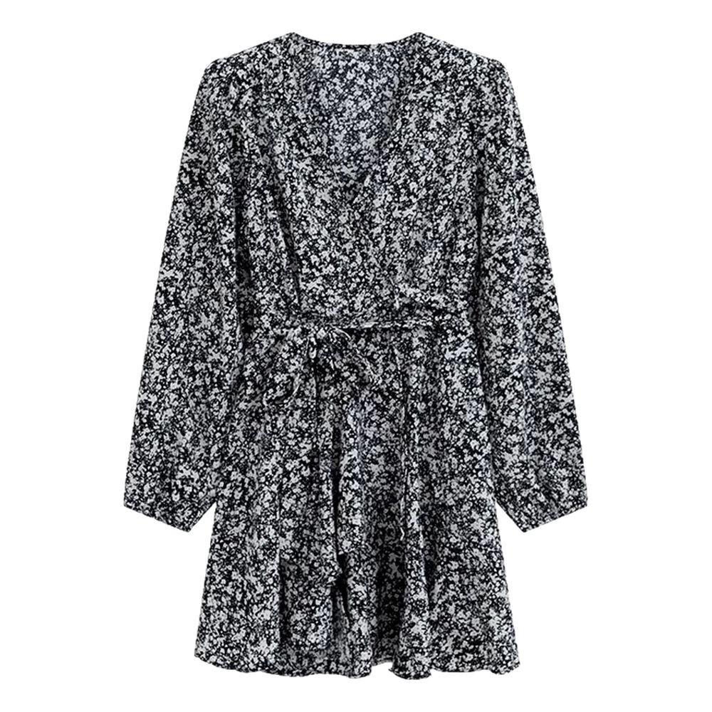 French Hepburn style design shows temperament floral dress women's spring and autumn new black versatile bottom long skirt