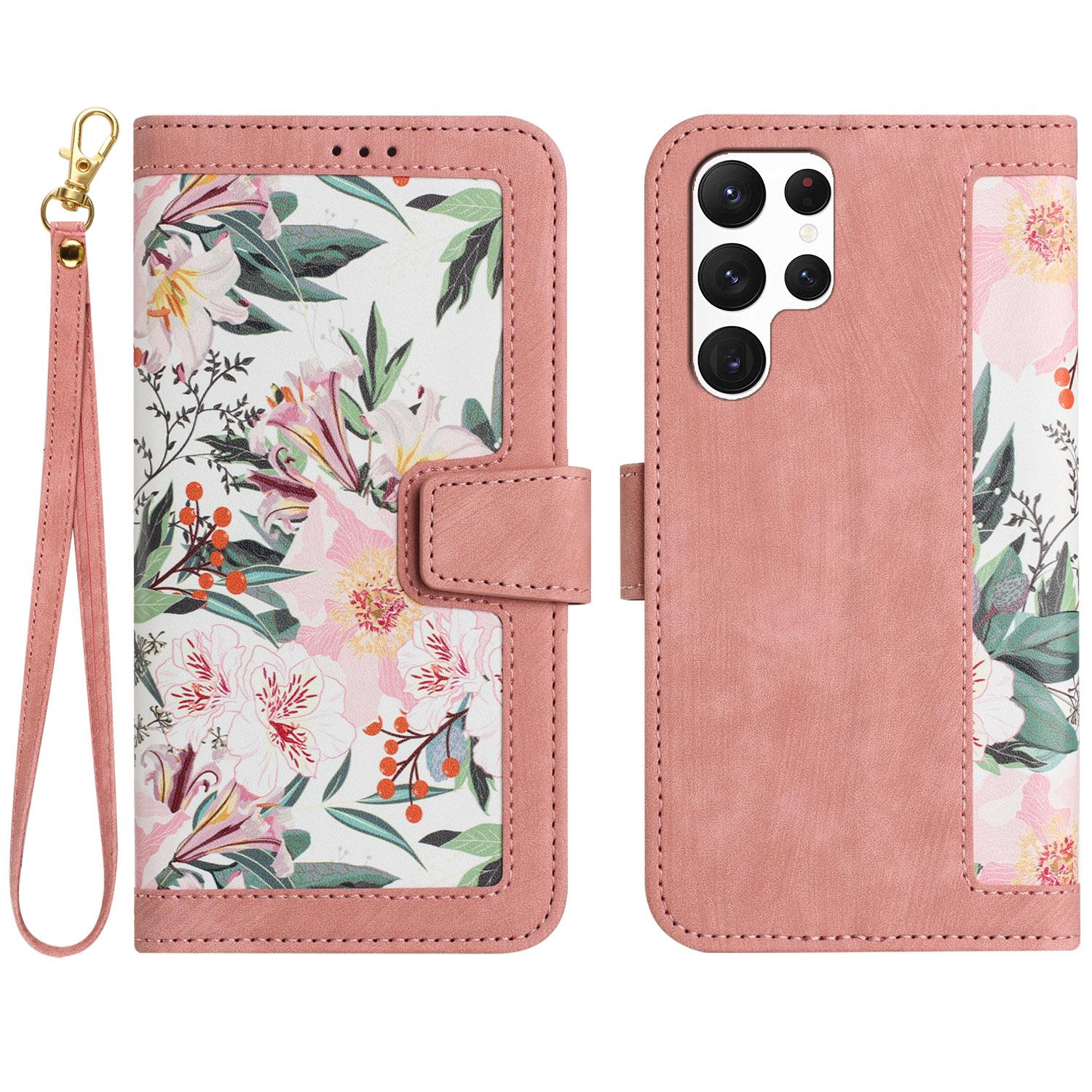 

For Samsung Galaxy S23 Ultra PU Leather Case Flower Pattern Printing Card Holder Phone Stand Cover Pink