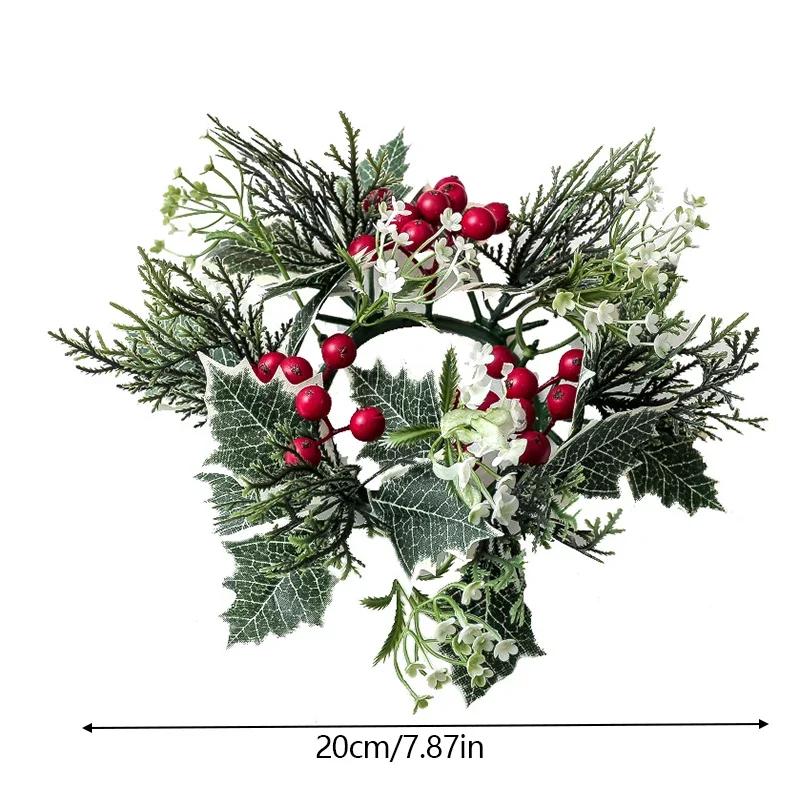 Christmas Candlestick Wreath Artificial Berry Garland Candle Ring Xmas Table Decoration Green Leaves Wreath for Candle Holder