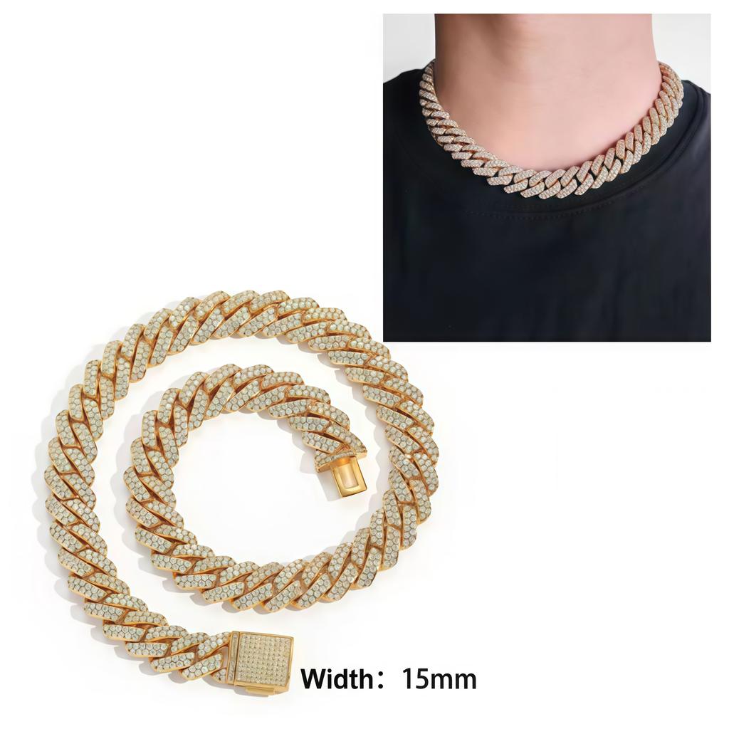 Iced Out 15mm Mens Miami Cuban Link Necklace Hip Hop CZ Cubic Zirconia Bling Prong Cuban Chain