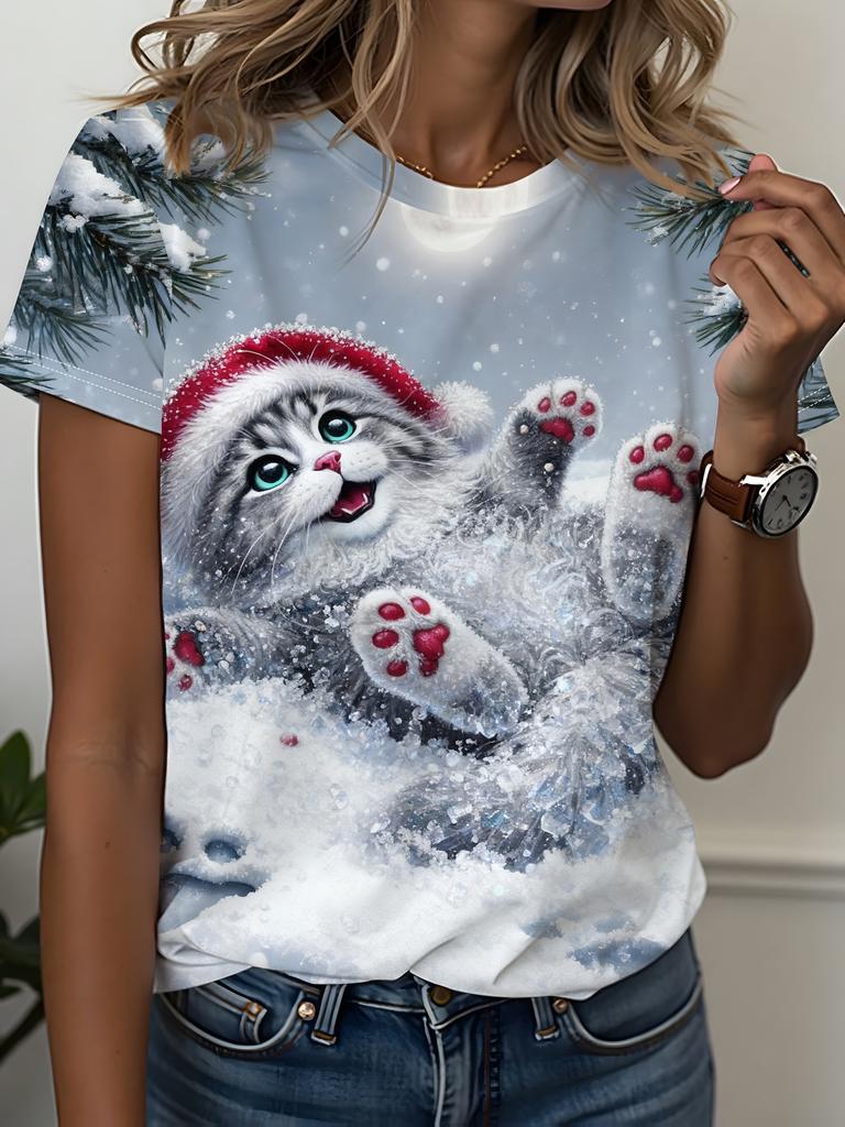 Women's Christmas 3D Winter Santa Claus Print T-shirt, Summer Casual Round Neck Short Sleeve Loose T-shirt for Women
