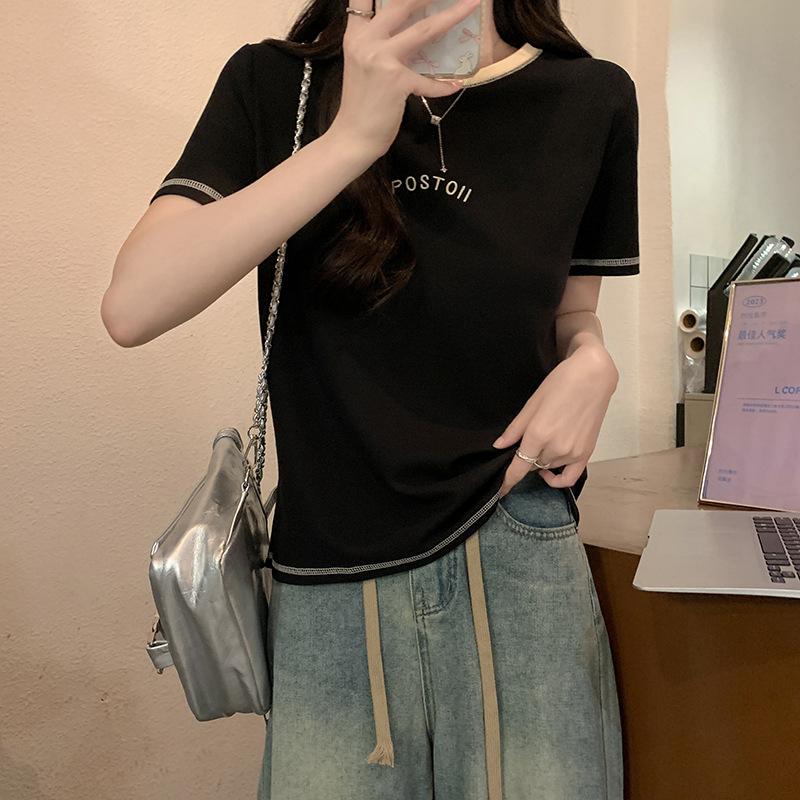 Front shoulder short-sleeved t-shirt women's new summer loose letter embroidery design sense niche contrasting color round neck top