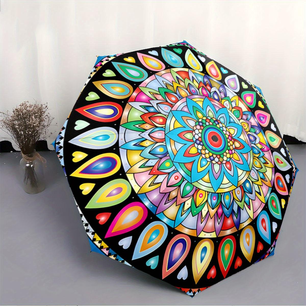 Automatic Folding Umbrella Circular mandala with colorful geometric shapes. Portable collapsible design, casual outdoor access