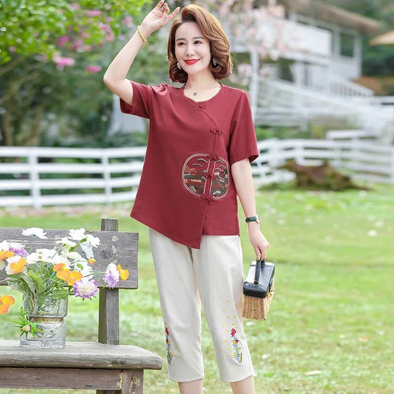 Women s Light Green Chinese Style Blouse Floral Embroidery Round Neck Short Sleeve Casual Top XL