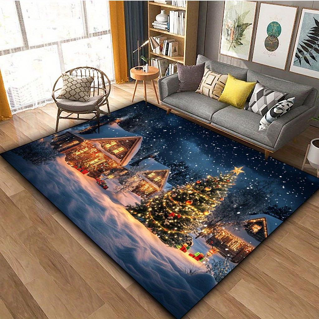 Christmas Snow Night Carpet Christmas Tree Snow Scene Cottage Living Room Bedroom Holiday Decorations