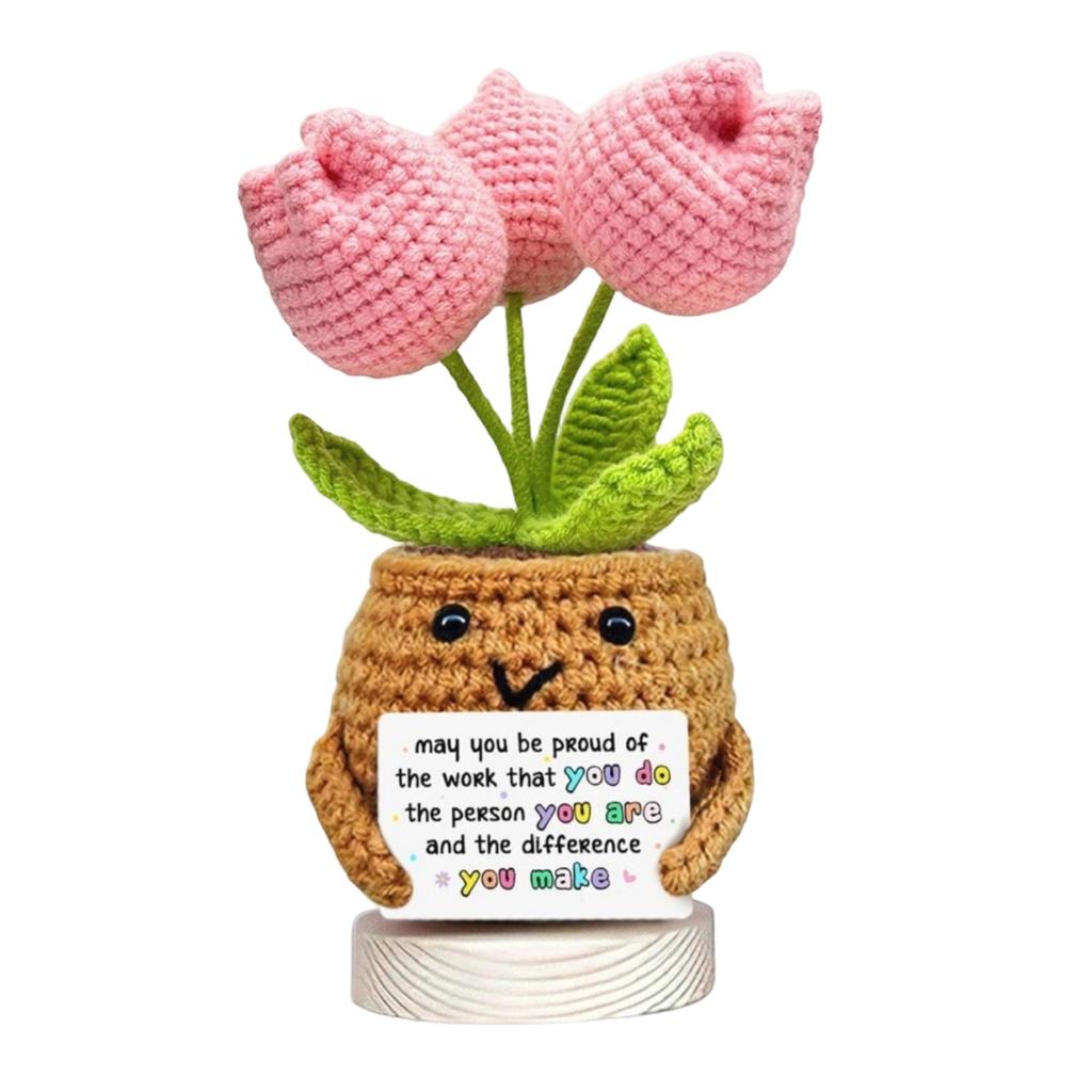 Handmade Knitted Tulip Flower Pot with Positive Message Card Crochet Decorative Plant Gift for Home Office Desk Display