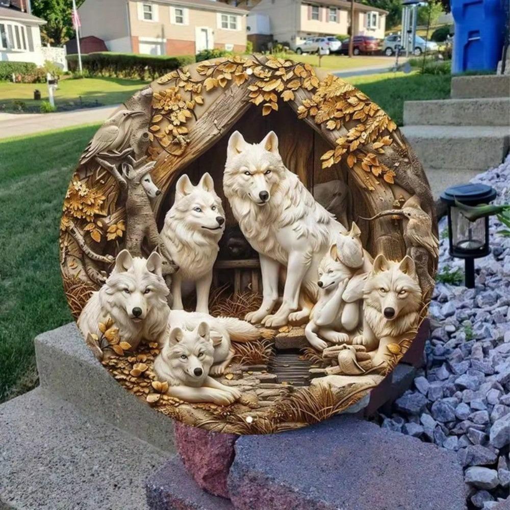 Wolf Family Metal Wall Art Round Sign Pack Design Waterproof Outdoor Indoor Home Decor
