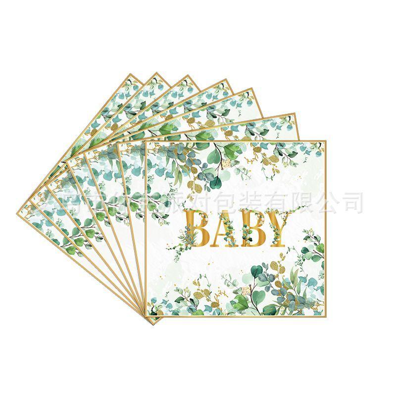 Fresh Green Eucalyptus Disposable Paper Tableware Set Birthday Welcome Party Plates Cups Decor