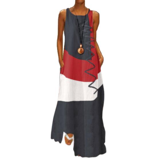 Damen Vintage O-Ausschnitt Ärmellos Color Block Wellenlinie Taschen Langes Lockeres Kleid