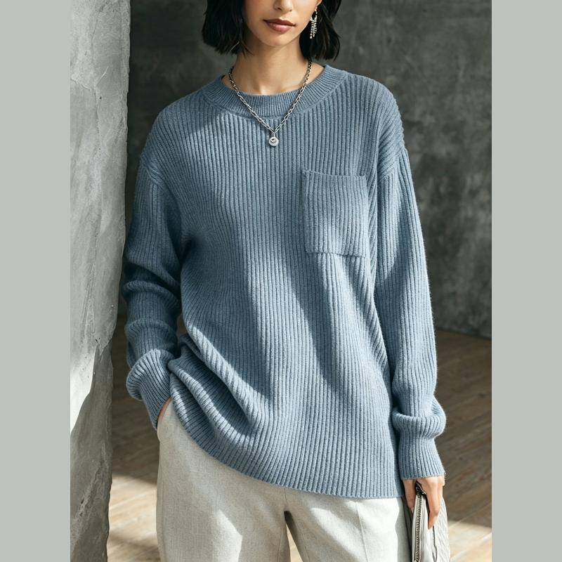 Ladies Long Sleeve Round Neck Knitted Sweater with Pocket Lazy Style Cotton Blend Comfortable Fit Autumn Winter Arrival