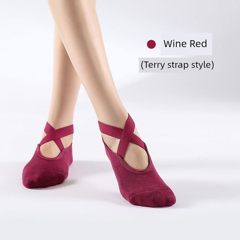 

Towel Bottom Cross Strap Yoga Socks Women Professional Non-Slip Silicone Silencer Sweat-Absorbent Fitness Yoga Boat Socks Pilates [Wine red] towel bottom 1 pair
